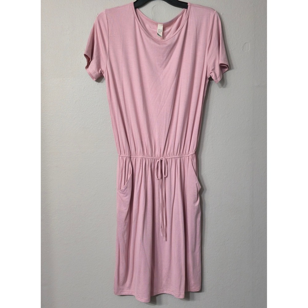 Flamingo Pink Short Sleeve Drawstring Waist Pocket T-Shirt Dress FD6270 M